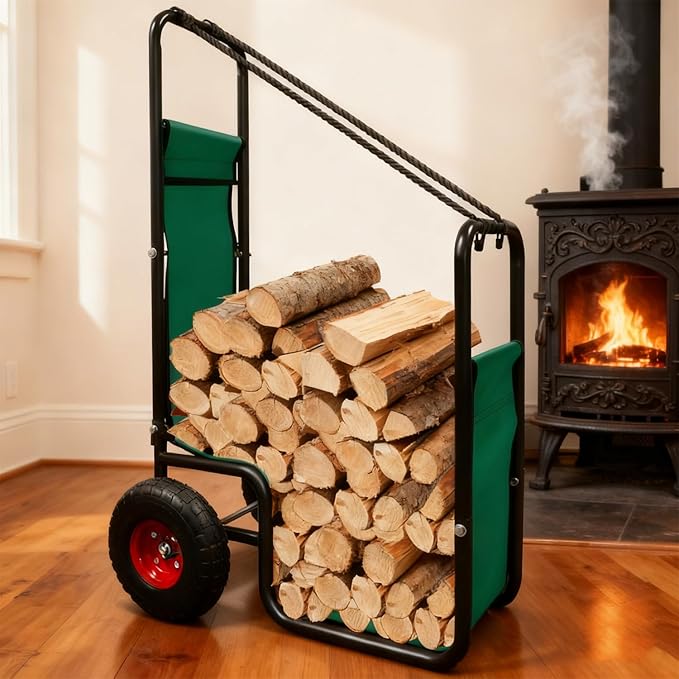 Kapler Firewood Cart with Wheels - Heavy Duty Steel Dolly Hauler & Wear-Resistant PVC Coated Oxford Fabric - 250 LB Capacity for Indoor Outdoor Fireplace Fire Pit Use