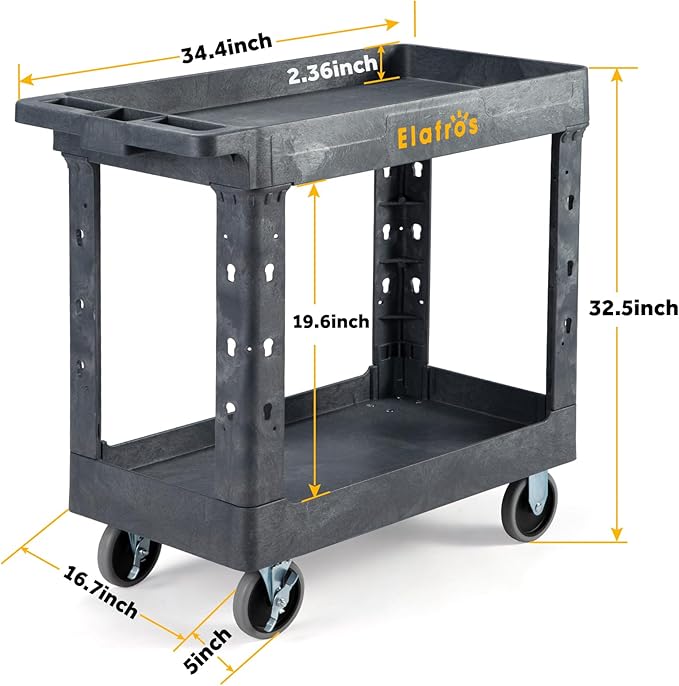 ELAFROS Heavy Duty Plastic Utility Cart 34 x 17 Inch - Work Cart Tub Storage W/Deep Shelves and 2 Fixed 2 Swivel Wheels Safely Holds up to 550 lbs - 2 Tier Service Cart for Warehouse,Garage, Gray