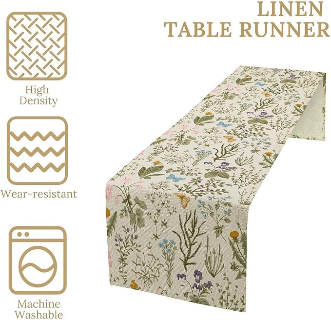 Vintage Wildflower Table Runner,Spring Floral Herbs Botanical Summer Butterfly Print Table Runner for Kitchen Dining Table Home Party Decor 13x90in