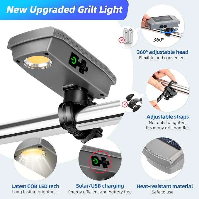 Solar Grill Light for Blackstone Griddle & Weber Grill, USB-C Solar Rechargeable 360° Rotation Automatic On/Off BBQ Light for Blackstone Griddle Accessories,Perfect BBQ Present for Men Women Him Her