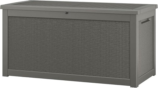 NUNU LAB Outdoor Storage Box, 320 Gallon Deck Box, Resin Waterproof Outside Storage Bench, Outdoor Storage Cabinet With Lockable Lid, Backyard Deck Box For Garden Tools, Patio Cushions, Grey