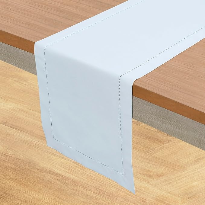 Solino Home Table Runner 90 Inches Long - Cotton Linen Hemstitch Light Blue Table Runner 14 x 90 Inch for Spring, Easter