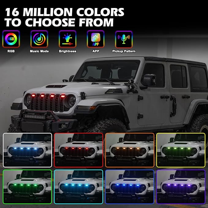MAIKER RGB LED Grille Lights Compatible with 2024-2025 Jeep Wrangler JL JLU JT Original Factory Grille, 4PCS RGB Adjustable Atmosphere Exterior Grill Lights Remote APP Control