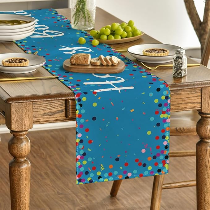 Artoid Mode Polka Dot Blue Happy Birthday Table Runner, Seasonal Winter Kitchen Dining Table Decoration for Home Party Decor 13x72 Inch