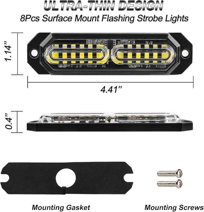 ASPL 8pcs Sync Feature Ultra Slim 12-LED Surface Mount Flashing Strobe Lights for Truck Car Vehicle LED Mini Grille Light Head Emergency Beacon Hazard Warning Lights (White)