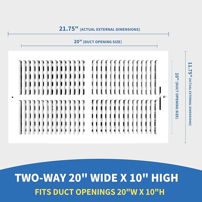 20x10 Vent Register [Duct Opening], Vent Covers for Home Ceiling, Two-Way Ventilation Register, Adjustable Solid Steel Wall Register Vent Cover (20"W x10"H [Duct Opening])