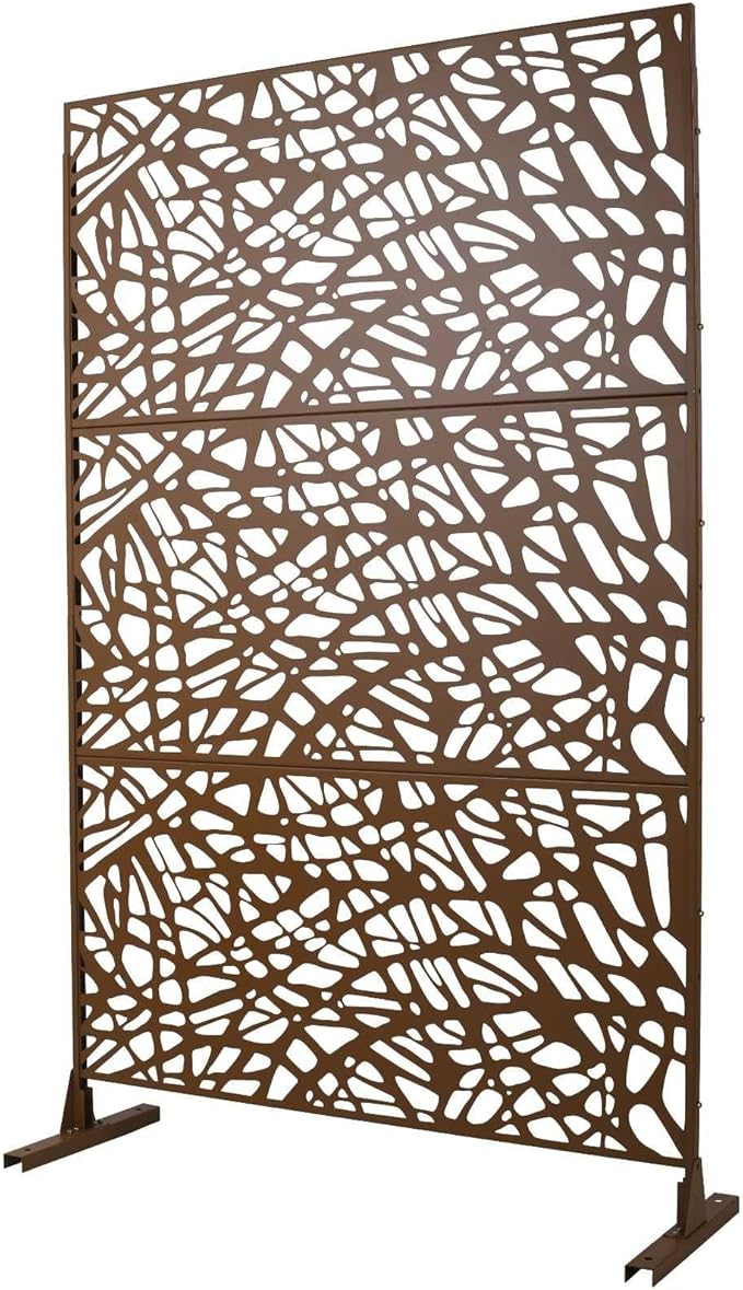 Outdoor Decorative Metal Privacy Screen Panel, 48" L x 16" W x 76" H, Steel Partition for Garden, Patio, and Backyard, Freestanding with Stable Base, Modern Geometric Design, Brown