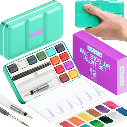 ARTISTRO Watercolor Paint Set in 12 Colors - Travel Watercolor Set with Metal Case & Bright Watercolors - Portable Set for Beginners & Amateur Artists