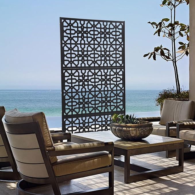 Outdoor Metal Privacy Screen with Stand, 35.4" W x 75" H Freestanding Metal Slatted Decorative Privacy Screen and Panels for Patio Garden Balcony Porch (Black Polygonal)