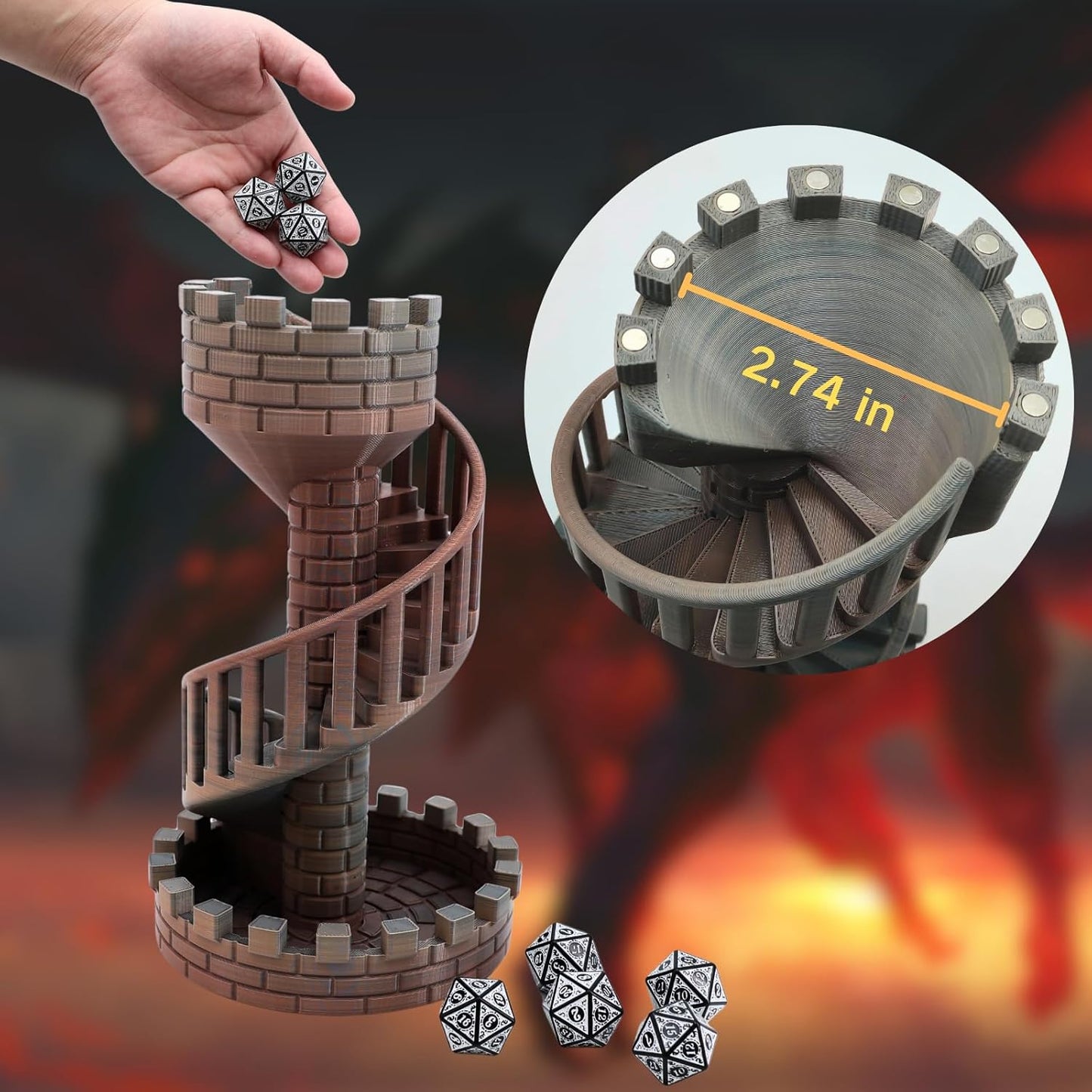 Wyvern Castle Dice Tower (with 5 polyhedral dice and a Dragon) for Table Games, D&D & RPG Games, Perfect Table Decoration and Party Surprise Gifts (Red Gold)