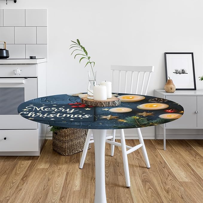 Merry Christmas Candle Star Round Table Cloth Cover, Elastic Edge Waterproof Wipeable Tablecloths 36"-42" Polyester Tablecloth for Party Restaurant Banquet Holiday Camping Outdoor Picnic