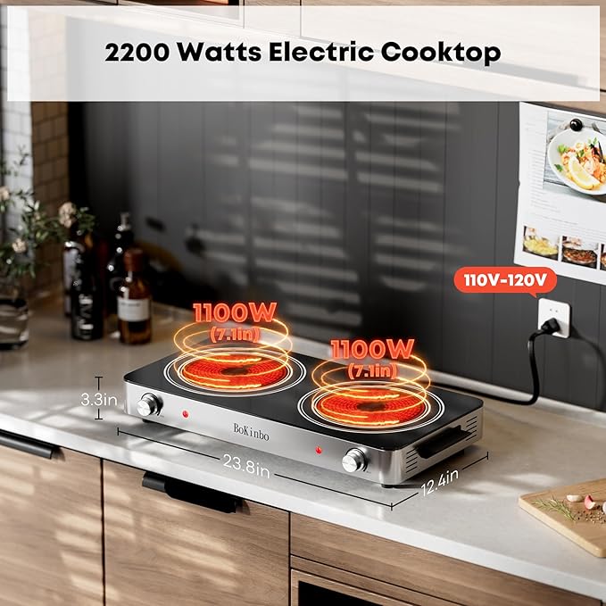 Electric Cooktop, Dual 2200 Watts Infrared Burner, 2 Burner Electric Hot Plate for Cooking, Knob Control Countertop & Built-in Ceramic Cooktop, Overheat Protection Burner for Dorm, Kitchen