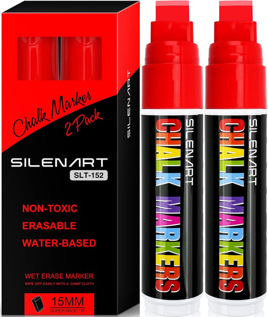 SILENART Thick Chalk Markers Red - 15mm Jumbo Tip Car Marker - Wide Window Chalk Pen for Chalkboard, Window, Glass, Mirror, Blackboard