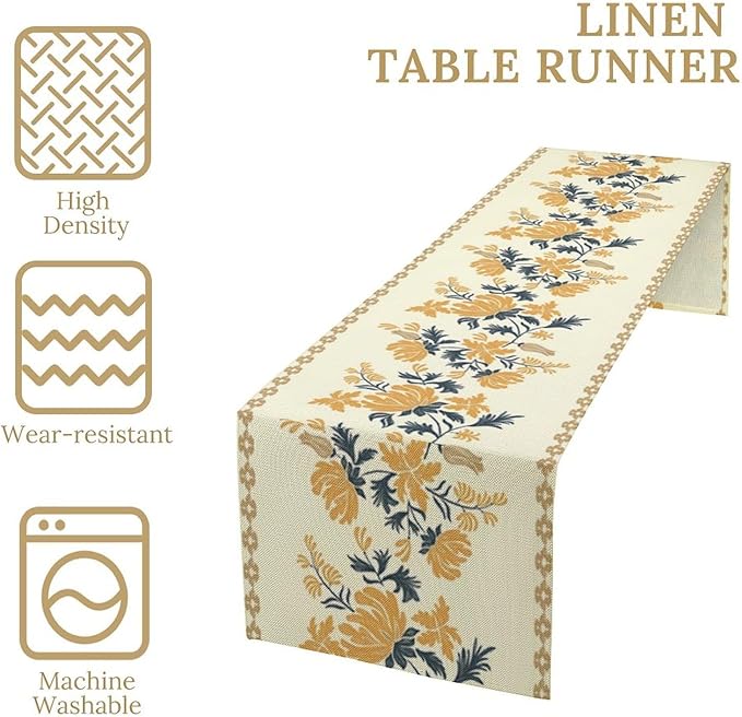 Vintage Yellow Floral Table Runner,Spring Summer Boho Flower Print Table Decoration for Kitchen Dining Table Home Farmhouse Party Decor 13x120in