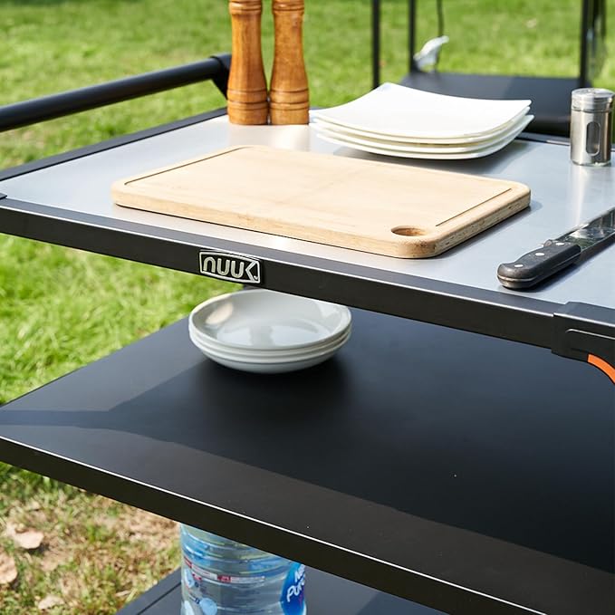 NUUK Outdoor Pizza Oven Table with Three-Shelf 24" x 32" Grill Cart Stainless Steel Rolling Prep Table with Solid Steel Frame, Outdoor Cooking Station Dining Bar Table