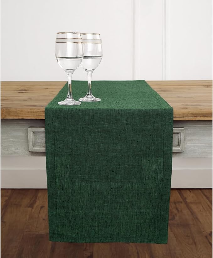 Solino Home Linen Table Runner 48 Inches - 100% Pure Linen Forest Green Table Runner 14 x 48 Inch Ideal for Dresser and Coffee Tables - Athena - Winter, Easter, St Patricks Day