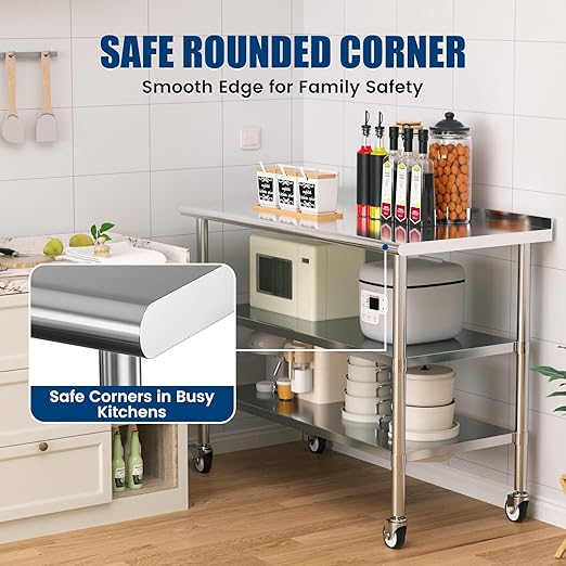 Stainless Steel Work Table with Wheels, 24x60 Inch NSF Food Prep Table with Backsplash & 2 Adjustable Undershelves for Commercial Kitchen, Restaurant, Garage