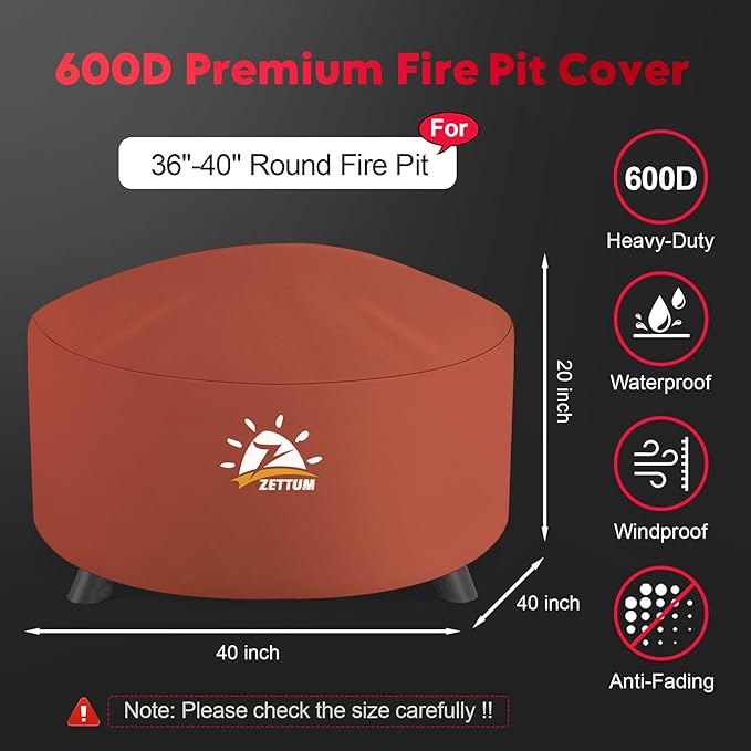 Zettum Fire Pit Cover Round 40 Inch - Outdoor Firepit Cover Heavy Duty & Waterproof, 600D Patio Fire Table Covers Gas Fire Pit Accessories Fade & Weather Resistant Brown - 40 x 40 x 20 Inch