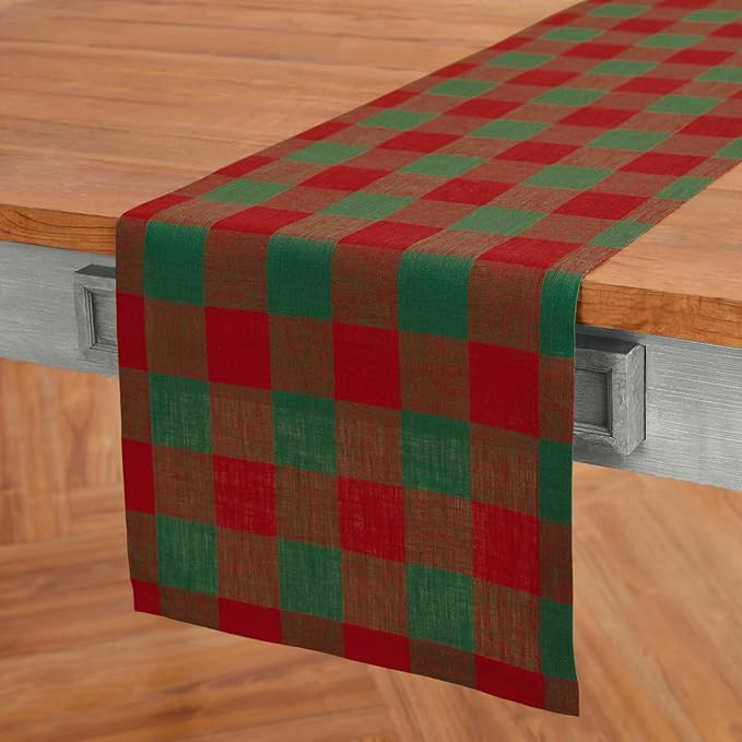Solino Home Linen Checkered Table Runner 36 Inches - 100% Pure Linen Buffalo Check Red and Green Table Runner 14 x 36 Inch Ideal for Dresser and Coffee Tables - Winter