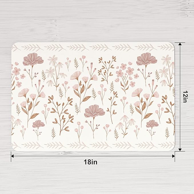 QIYI Placemats Set of 6, 12x18 Inch Faux Leather Place Mats for Kitchen Dinning, Heat Resistant Anti Slip Floral Table Mats, Waterproof Wipeable Washable Placemat Party Beige Table Décor, Pink Flowers