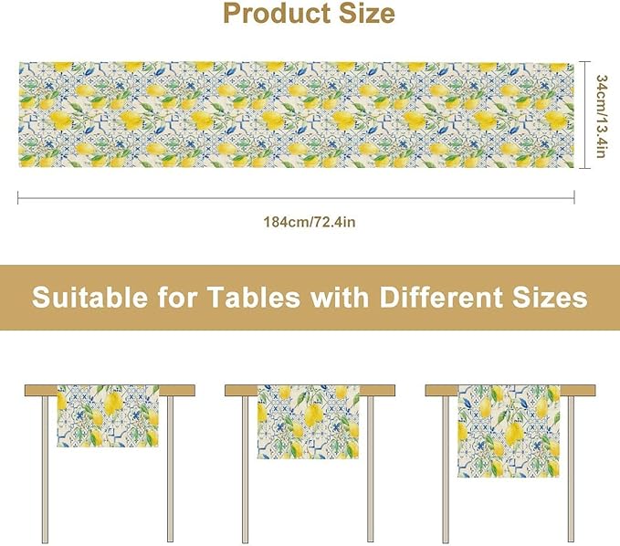 Lemon Table Runner, Summer Fruit Vintage Morocco Blue Tiles Table Runners for Farmhouse Coffee Home Kitchen Dining Party Patio Outdoor 13x108in