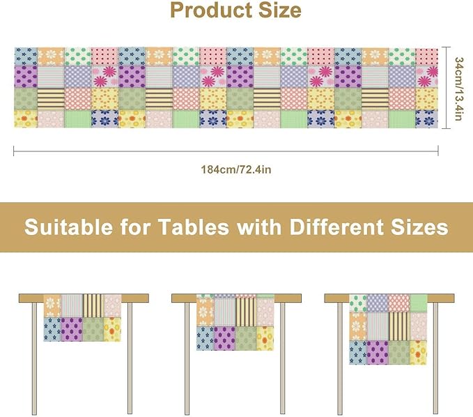 Patchwork Table Runner, Vintage Colorful Floral Plaid Tablecloth Table Runner for Indoors Outdoor Dining Kitchen Home Party 13x60in