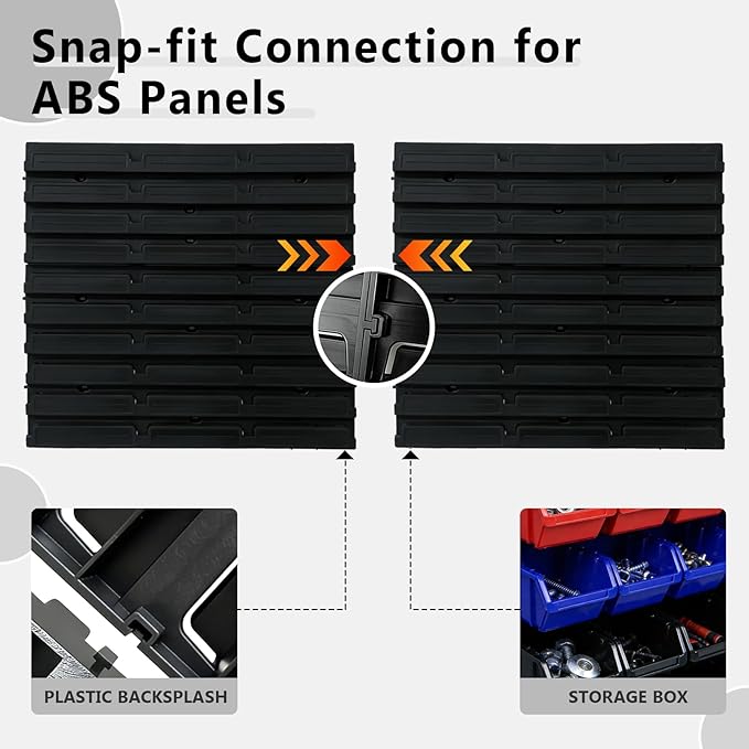94 Pcs Wall Mounted Storage Bins, Garage Organizer System with Black, Blue, Red Plastic Bins, ABS Material, 30.7 x 30.7 x 5.9 Inch, for Nuts and Bolts Storage