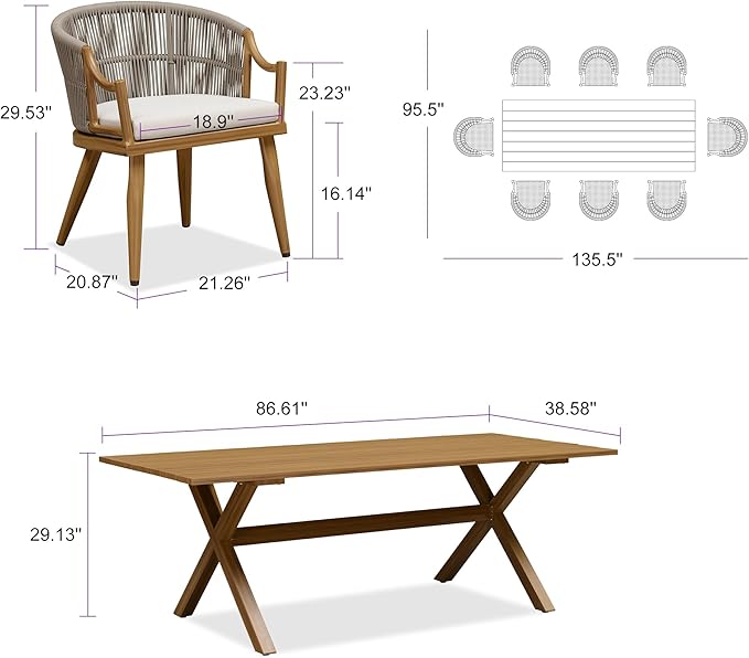 PURPLE LEAF 9 Pieces Outdoor Dining Set All Weather Wicker Patio Dining Set with Rectangular Aluminum Table and Modern Armrest Dining Chairs for Garden Deck Backyard Kitchen, Teak