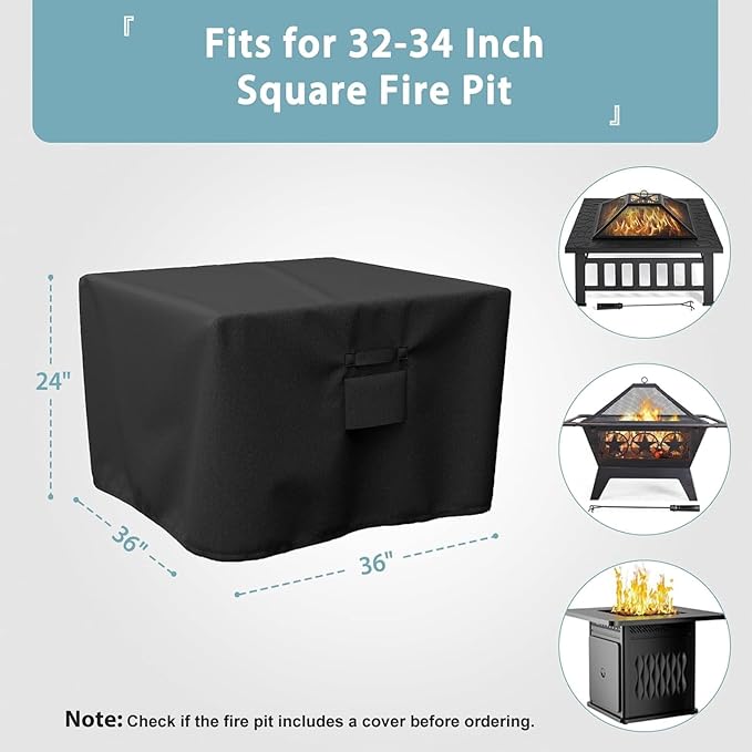 SHINESTAR 36 Inch Square Fire Pit Cover, Fits for 32-36 Inch Outdoor Fire Table Cover, Waterproof and Windproof, 36 x 36 x 24 Inch, Black