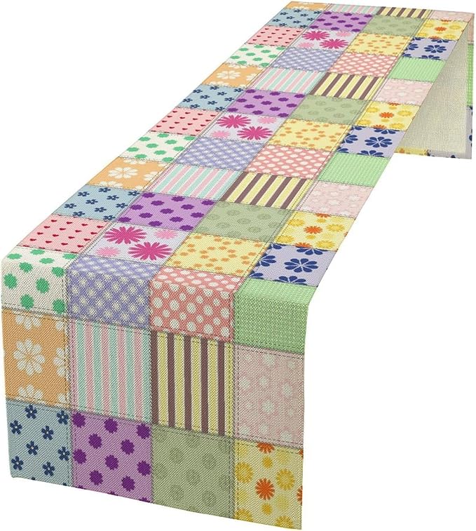 Patchwork Table Runner, Vintage Colorful Floral Plaid Tablecloth Table Runner for Indoors Outdoor Dining Kitchen Home Party 13x60in