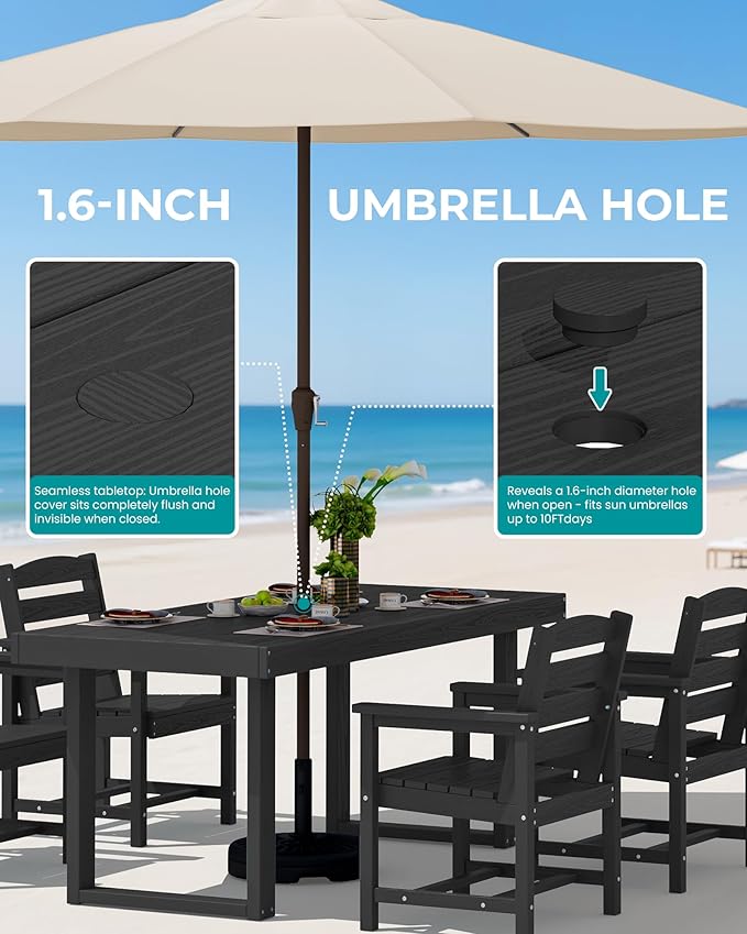 SERWALL HDPE Outdoor Dining Set for 6, 67'' All Weather Patio Dining Table and Chairs Set for Deck, Lawn, Black