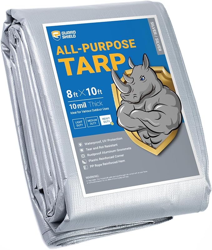 GUARD SHIELD Heavy Duty Tarp 8x10 Feet Silver Multi Purpose Thick Waterproof Poly Tarp Cover 10mil