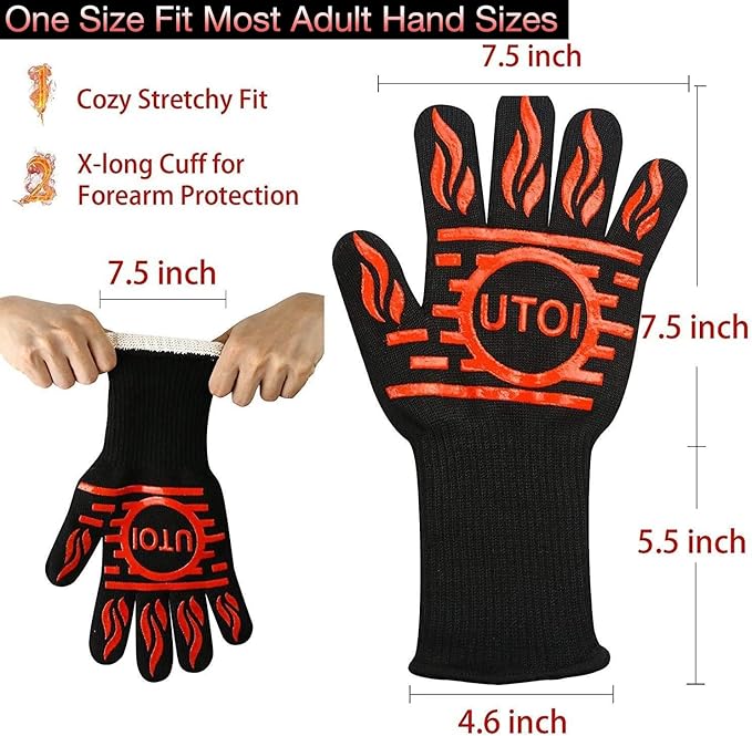 BBQ Grill Gloves Kit, 1472°F Heat Resistant BBQ Gloves/Long Non-Slip Oven Mitts, Meat Shredder Claws & Silicone Basting Brush for Grilling, Smoker, Baking, Barbecue, Kitchen & Outdoor Cooking