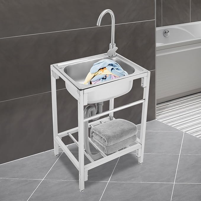 Stainless Steel Utility Sink Single Bowl Freestanding Laundry Sink with Rotating Faucet Portable Outdoor Single Basin Prep Sink Commercial Restaurant Sink for Kitchen