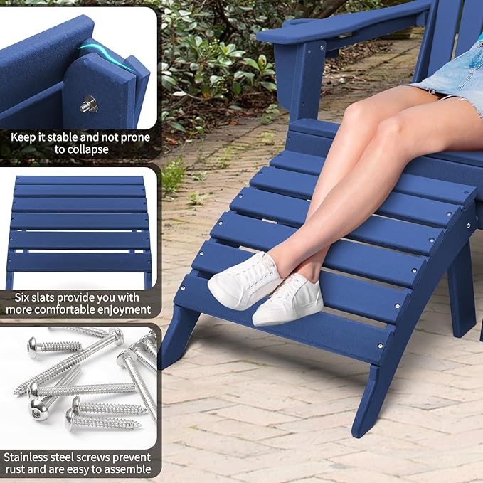 FUNBERRY Folding Adirondack Ottoman Set of 2, HDPE All Weather Outdoor Foot Rest, Easy Storage Patio Footstool, Ottomans and Footstools for Outside
