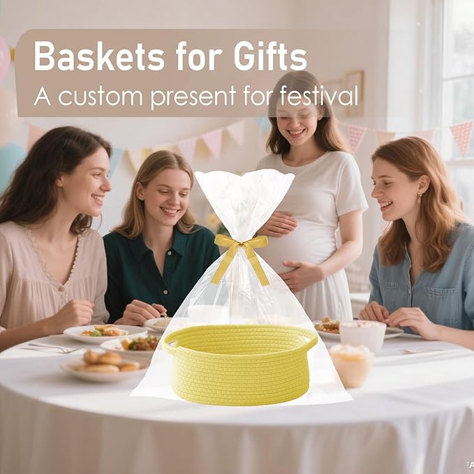 Woven Basket,Small Rope Storage Bin with Handles & Ribbon Bag, Organizer for Shelves Closets,Gift Basket Empty for Birthday,Books,Dog Toys, Yellow