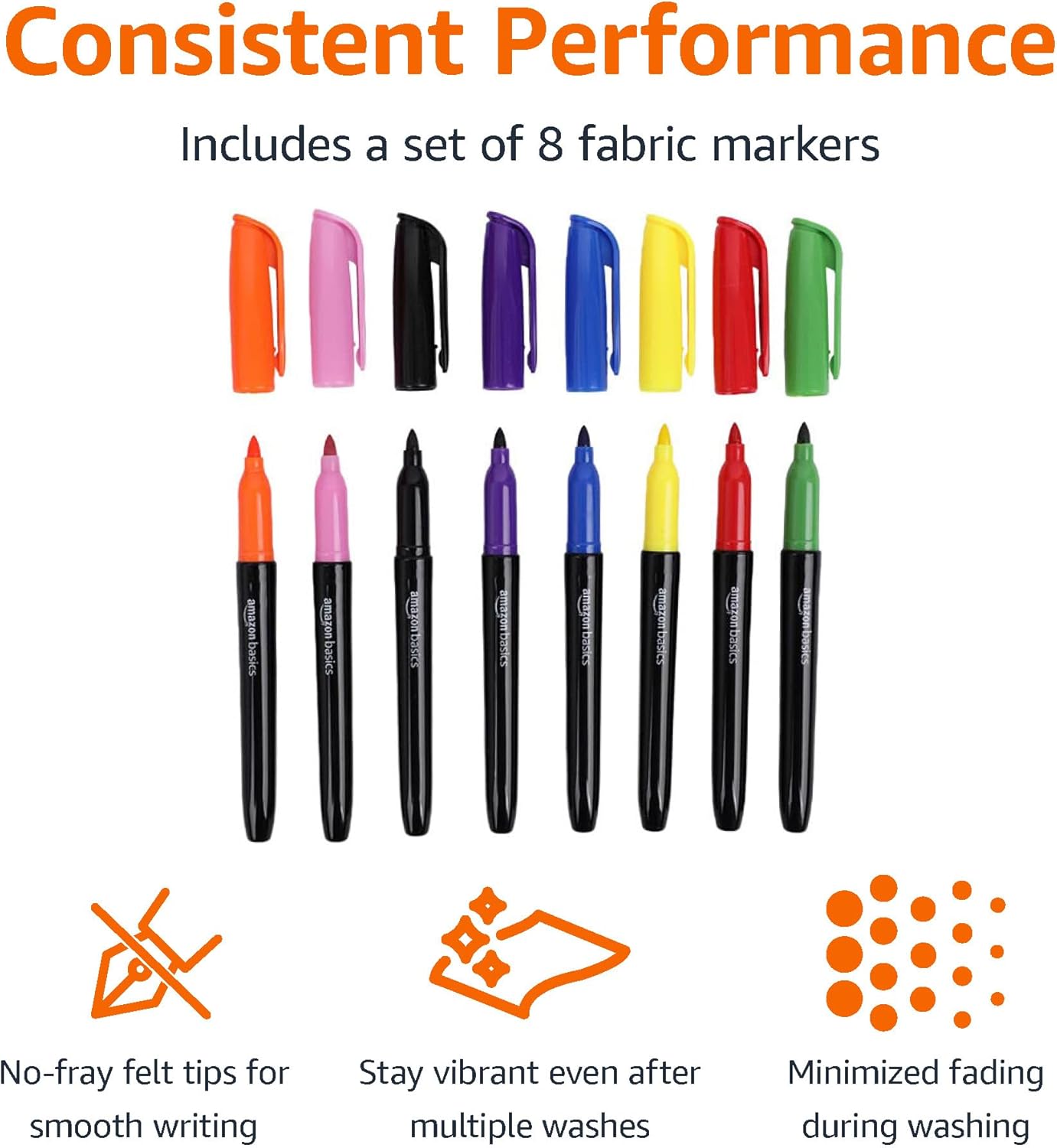 Amazon Basics Vibrant Fabric Markers, Assorted Colors, 8-Pack