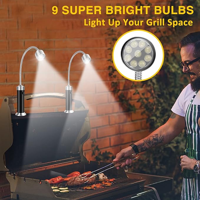 Barbecue Grill Lights, Grilling Gifts for Men Dad, BBQ Grill Accessories for Outdoor, Grill Lamps with Magnetic Base, Super Bright LED, 360 Degree Flexible Gooseneck, Stocking Stuffers, Pack of 2
