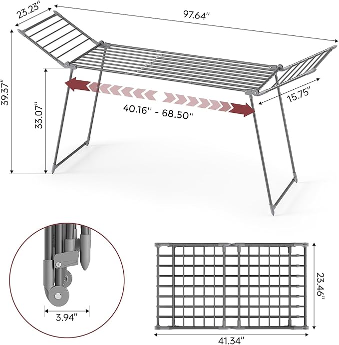APEXCHASER Clothes Drying Rack Foldable, Large Drying Rack for Clothing Retractable, Winged Laundry Rack Folding Indoor Outdoor, Metal Clothes Airer for Bedding Towel Sweater Heavy Duty, Grey