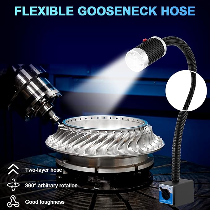 YJINGRUI 9W LED Magnetic Work Light, 900LM Super Bright Gooseneck Lamp with Strong Magnetic Base, 360° Flexible Shop Light for CNC Lathe, Sewing Machine, Workbench, Auto Repair, Grill & Indoor Tasks