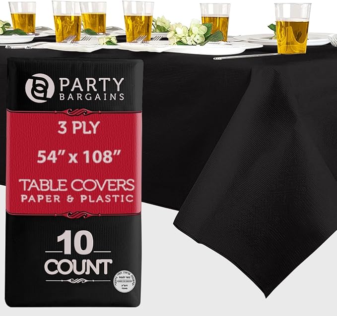 PARTY BARGAINS 10 Disposable Table Covers - 54" X 108" Black Table Cover, 3 Ply Paper & Plastic Tablecloth