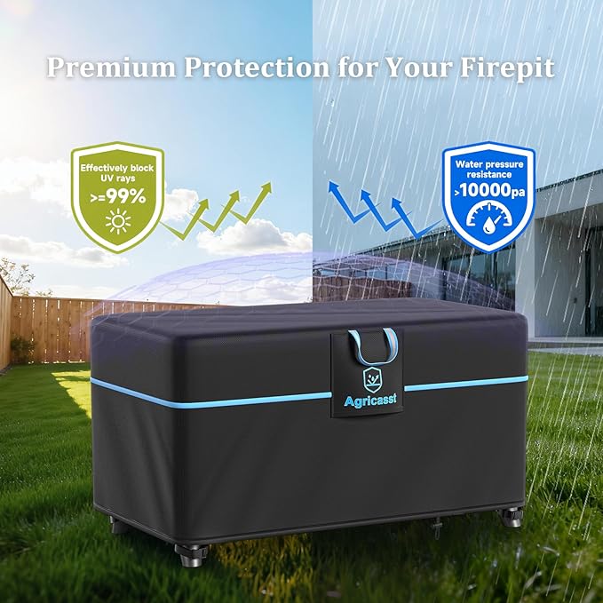 Fire Pit Cover Rectangular 52 Inch for 49''- 52'' Fire Pit, 600D Heavy Duty Firepit Cover Waterproof Fire Table Cover with Air Vent, 4 Windproof Buckles, Drawstring - 52''L x 34''W x 24''H