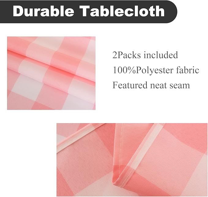 Cupuamon 2 Pack Waterproof Polyester Fabic Rectangle Checkered Tablecloth，60x102 Outdoor Table Cloth，Oil Stain Prevention Table Cloth for Pinics and Parties（Pink and White）