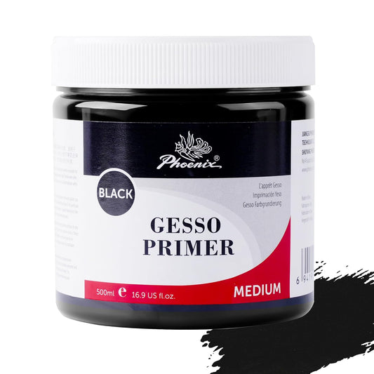 PHOENIX Black Gesso Primer - 16.9 Fl oz. / 500ml Gesso for Canvas Surface Prep Medium for Oil Acrylic Paints