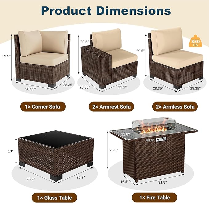 7 Piece Patio Furniture Set with Fire Pit Table, Outdoor Conversation Sets Wicker Rattan Sectional Sofa with Coffee Table, 4'' Thickened Cushion Beige (Include Waterproof Cover)