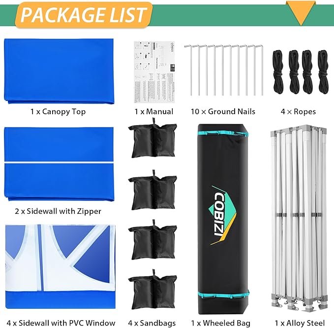 COBIZI 13x26 Pop up Canopy Tent 13x26 Canopy with 6 Sidewalls Waterproof Heavy Duty Commercial Canopy Tent for Parties Outdoor Garden Gazebo, Carry Bag with Wheel(13x26ft, Blue)