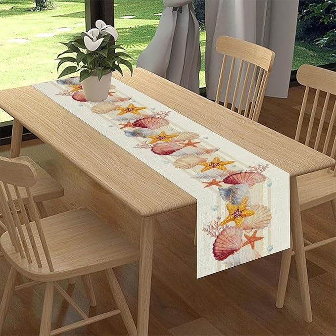 Coastal Table Runner, Yellow Coastal Starfish Coral Shell Pearl Beach Ocean Watercolor Summer Coffee Table Center Decor for Holiday Party Kitchen Outdoor Farmhouse Table Decorations, 13" X 36"