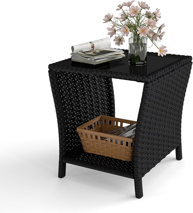 kinbor Small Outdoor Table - Tempered Glass Top Small Outdoor Wicker Side Table with Storage Shelf for Patio, Balcony & Porch, Durable PE Rattan & Iron Frame