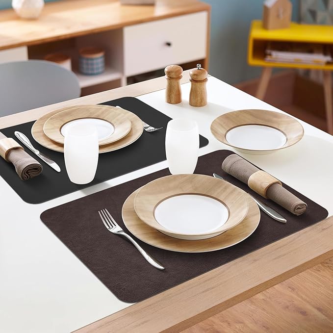 Faux Leather Placemats Set of 6 Table Mats Heat Resistant Reversible Place Mats, Waterproof Wipeable Dining Table Place mats for Home Party Outdoor, 15.8 x 11.8 inches (Choco Brown/Black)