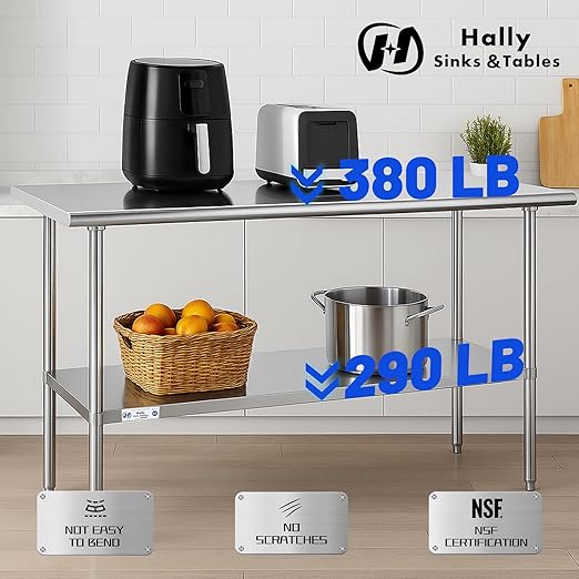 Hally Stainless Steel Table for Prep & Work 14 x 60 Inches, NSF Commercial Heavy Duty Table with Undershelf and Galvanized Legs for Restaurant, Home and Hotel